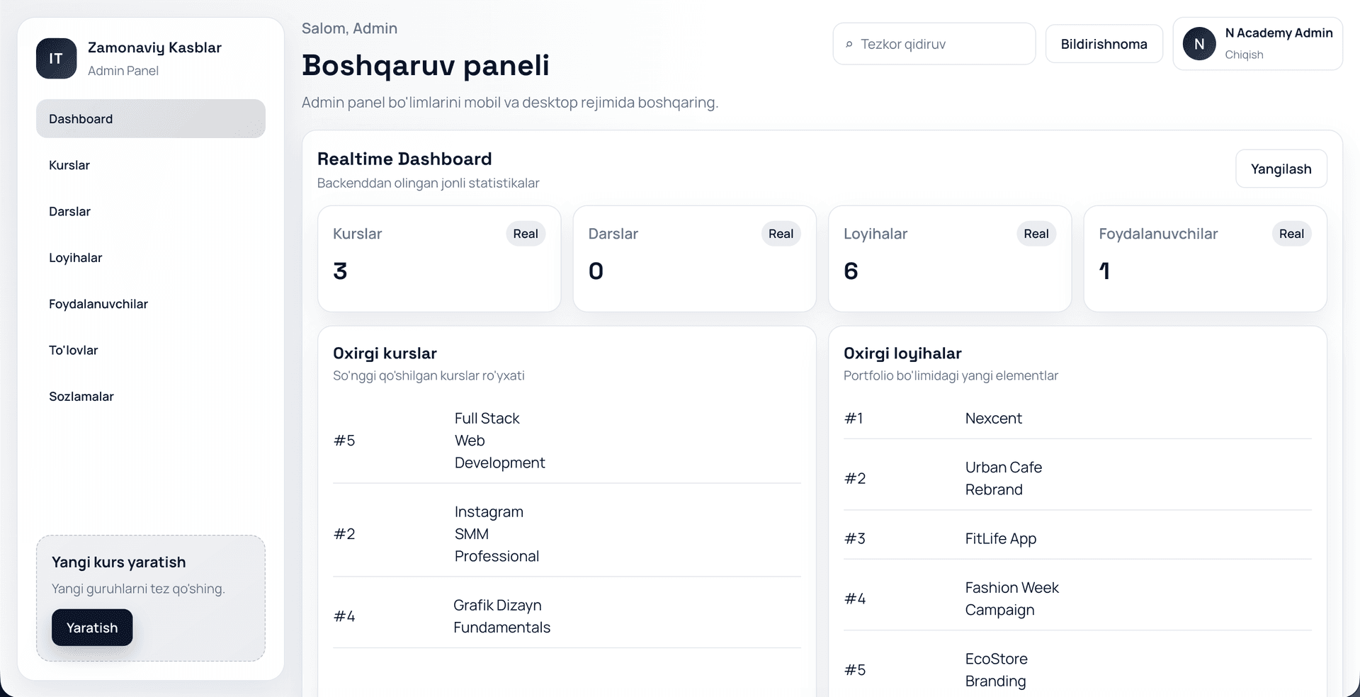 Admin Dashboard N-academy